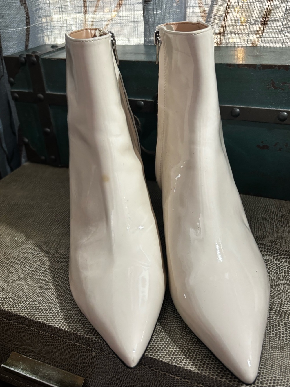 Coach Off White Patent Leather Ankle Boots with Kitten Heel ivory 8.5
